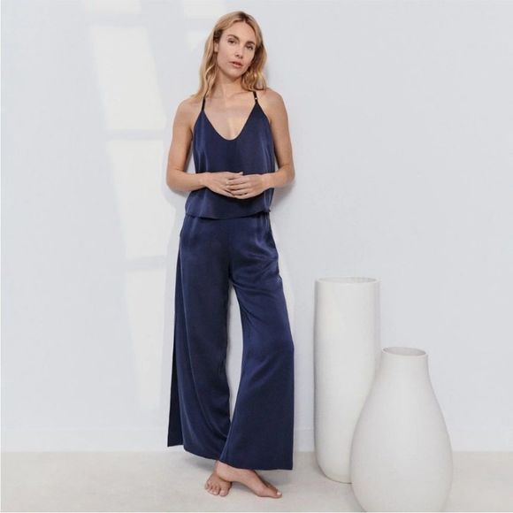 Lunya Washable Silk Cami & Pants Set Sz L Deep Blue T-back Strap - Picture 4 of 8